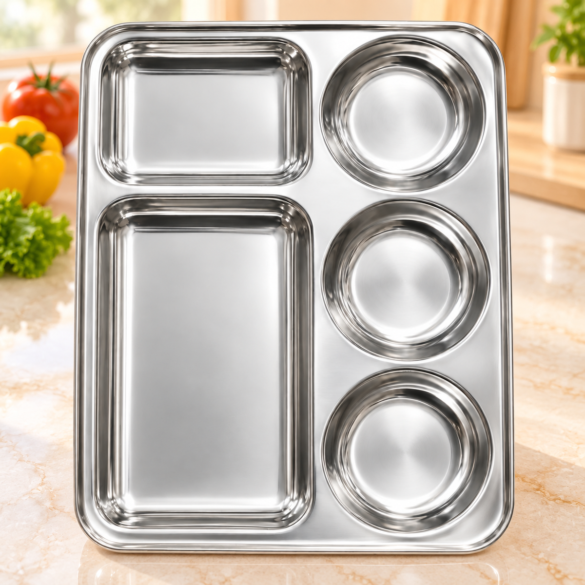 Stainless Steel 5 Compartment Rectangular L-Tray – 37x29cm Divided Mess Tray