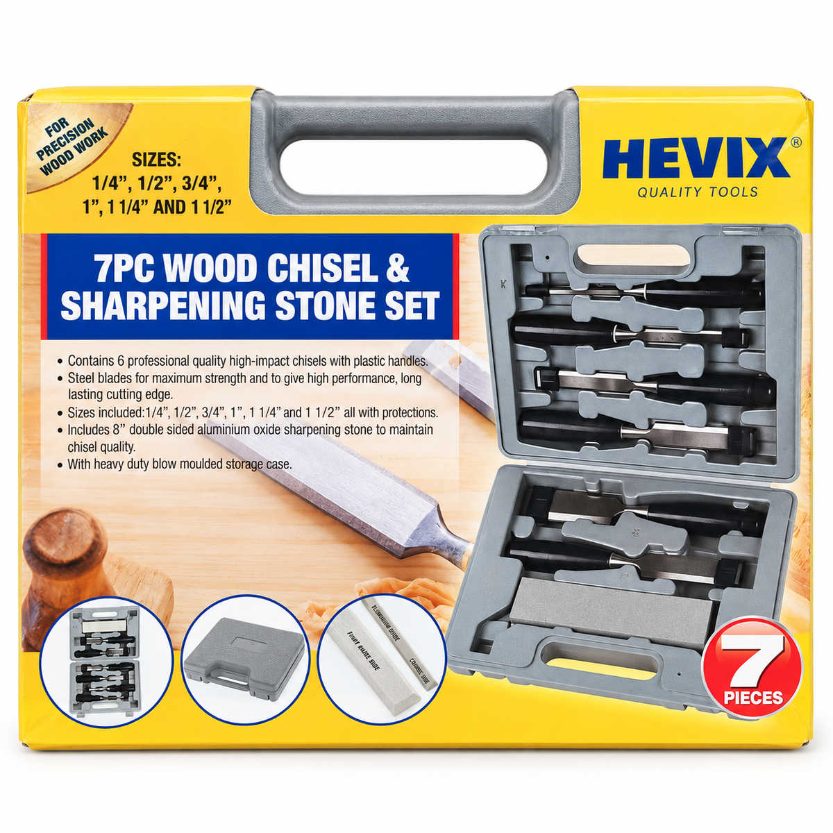 7Pc Wood Chisel Set / Sharpening Stone & Case