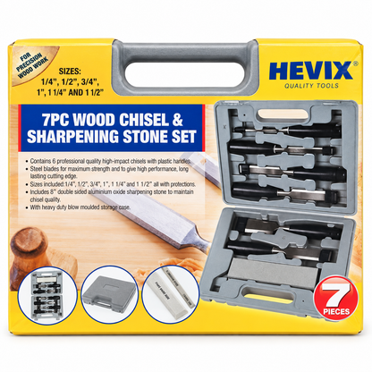 7Pc Wood Chisel Set / Sharpening Stone & Case