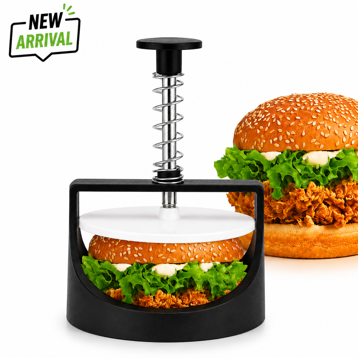 Manual Hamburger Press with Spring-Loaded Handle – Round Burger Patty Maker for Home Kitchen & BBQ