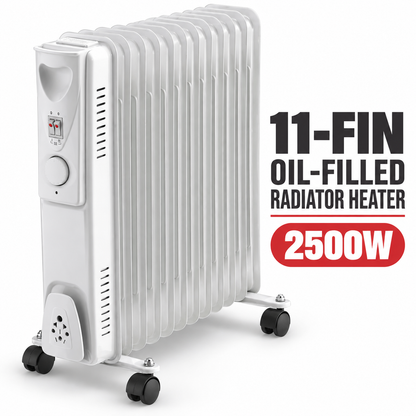 Single 2500W 11-Fin Oil-Filled Radiator Heater – White