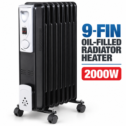Single 2000W 9-Fin Oil-Filled Radiator Heater – Black