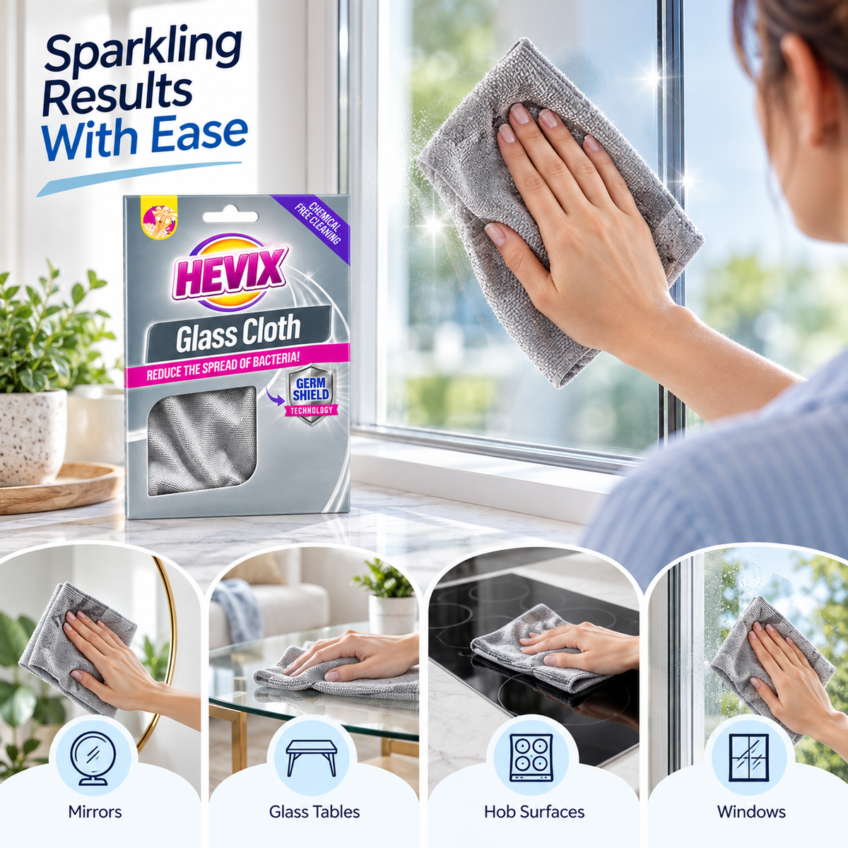 Premium Glass Cleaning Cloth with Germ Shield Technology – Streak-Free Wipe