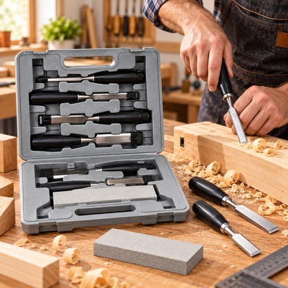 7Pc Wood Chisel Set / Sharpening Stone & Case