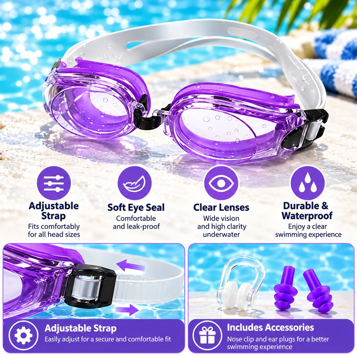 Swimming Goggles Set Purple Yellow Blue