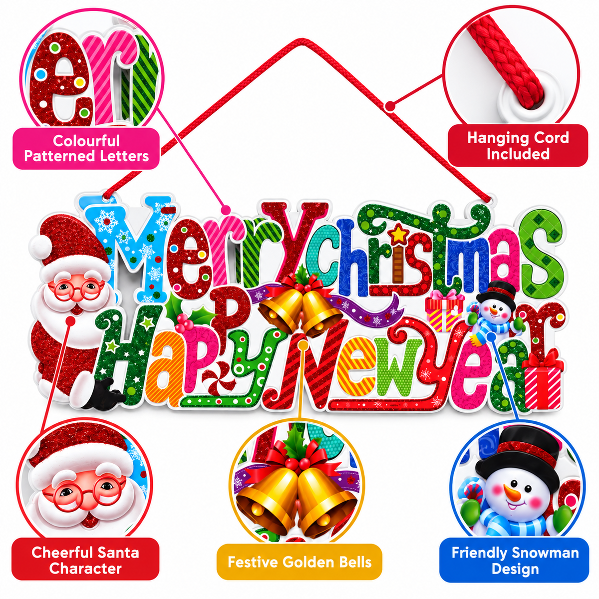 Glitter Merry Christmas Happy New Year Hanging Banner, 19x51cm