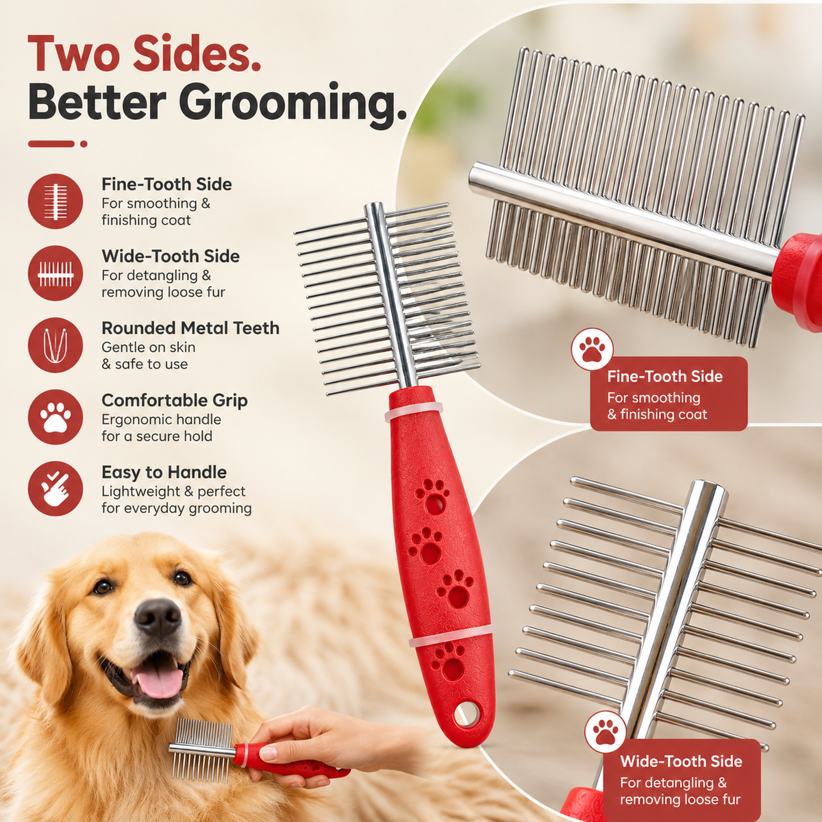 Double-Sided Pet Grooming Comb – Fine & Wide Tooth Metal Comb for Dogs & Cats
