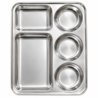 Stainless Steel 5 Compartment Rectangular L-Tray – 37x29cm Divided Mess Tray