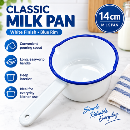 Enamel Milk Pan – 14cm White with Blue Rim