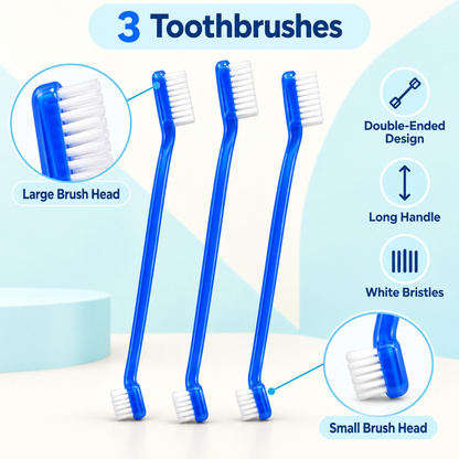 3-Pack Blue Double-Ended Dog Toothbrushes with Large and Small Brush Heads