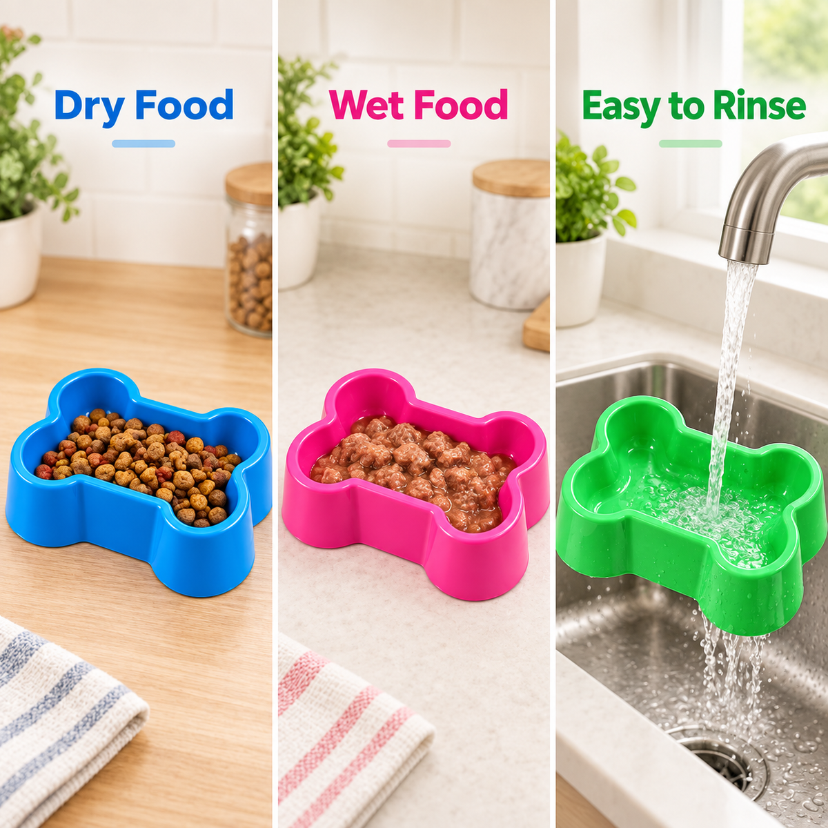 Bone-Shaped Single Pet Food Bowl – Bright Blue, Hot Pink or Bright Green