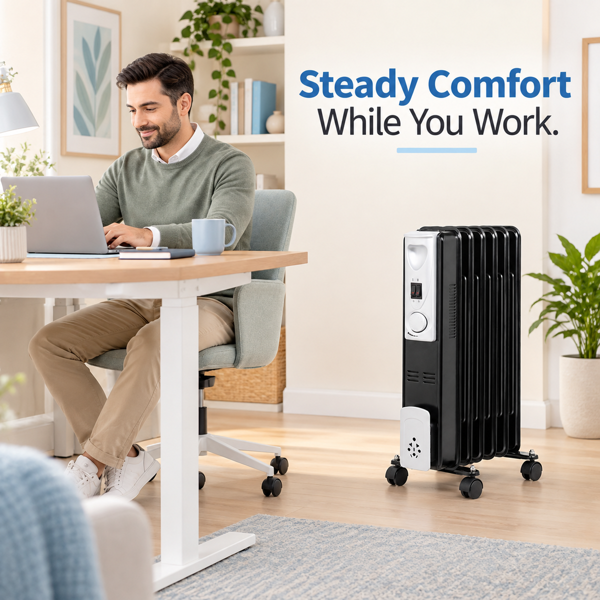 Single 1500W 7-Fin Oil-Filled Radiator Heater – Black