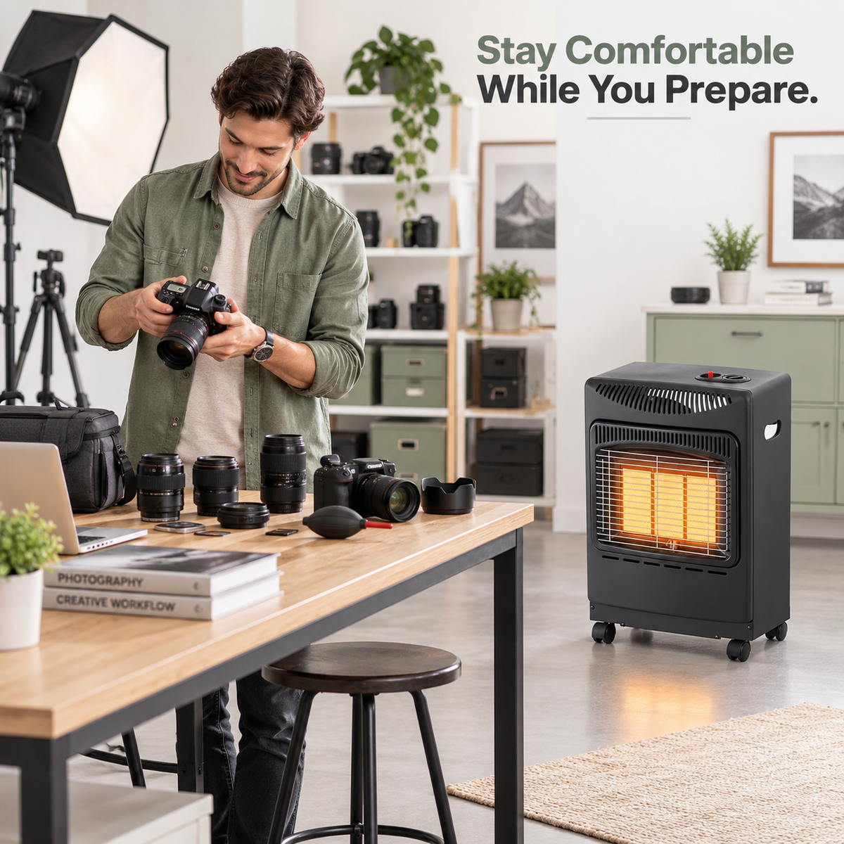 Single 4.2kW 3-Plate Gas Cabinet Heater with Hose & Regulator – Black