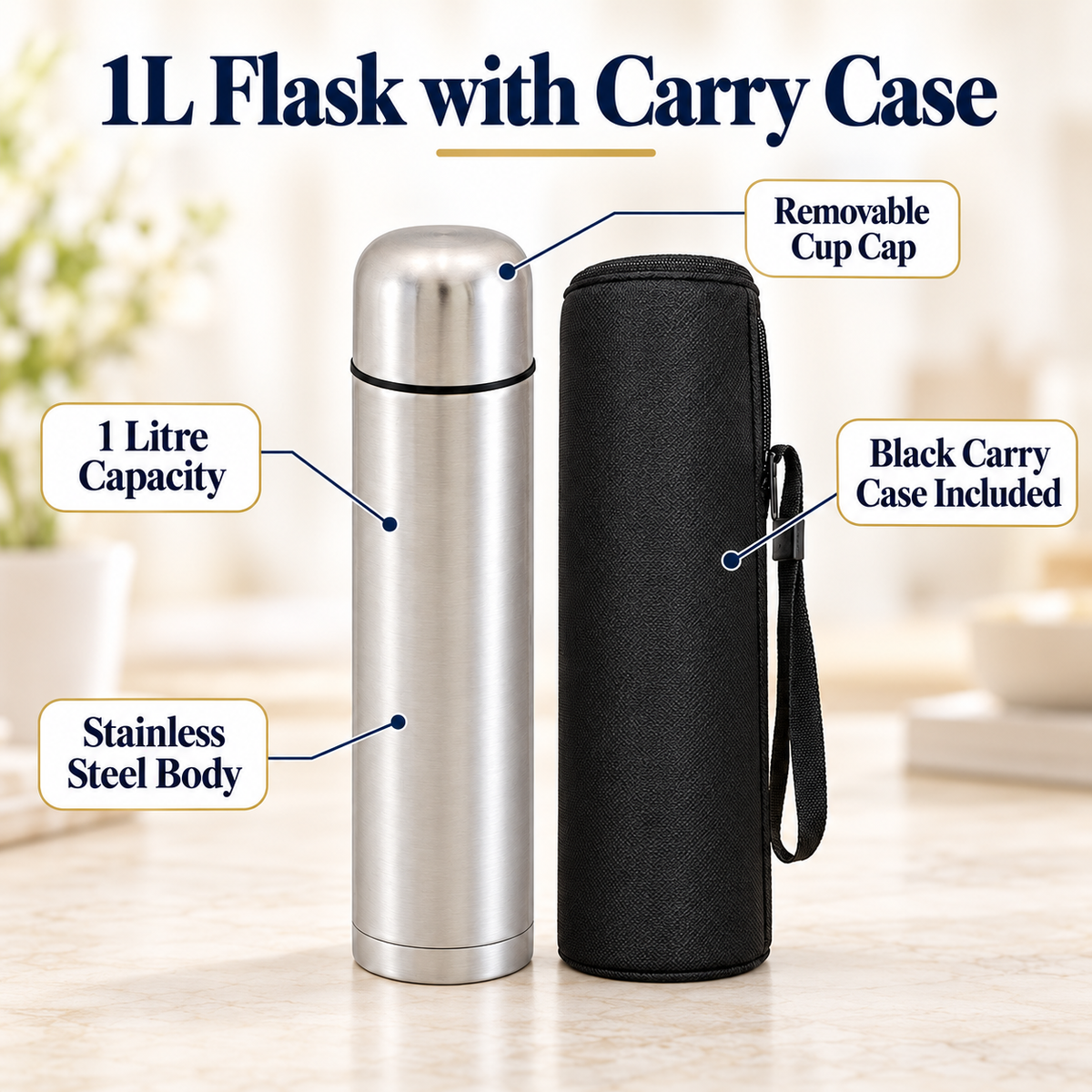 1L Stainless Steel Vacuum Flask with Carry Case