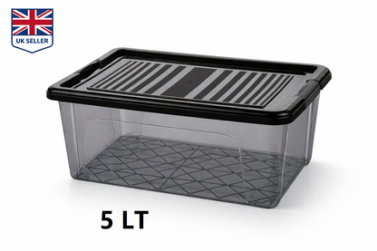 [1L / 2L / 3L / 5L /10L/15/ 20L /30L] Anthracite Storage Box with Clip Lid – Smoked Tinted Plastic, Stackable, Black