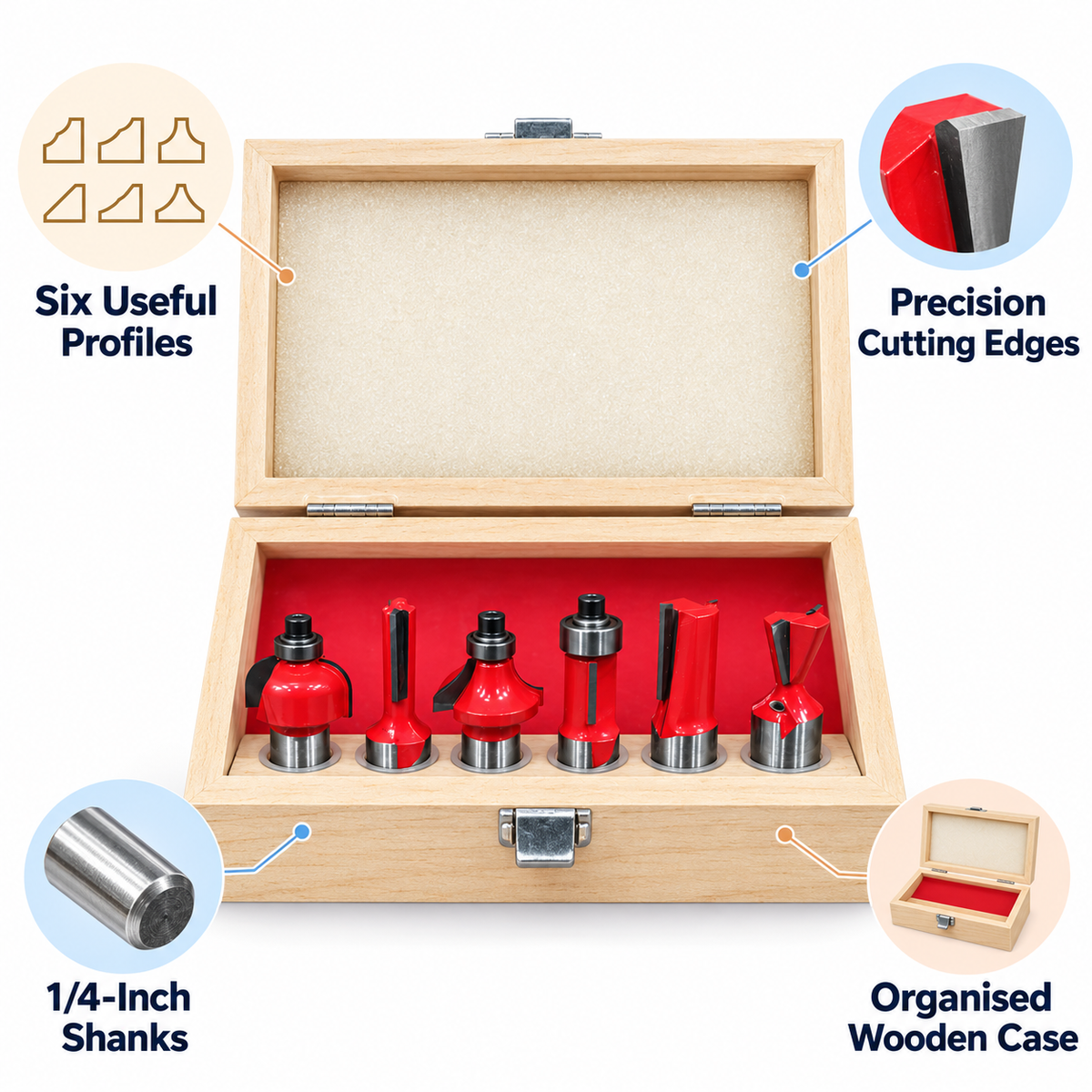 6-Piece Wood Router Bit Set with Wooden Storage Case
