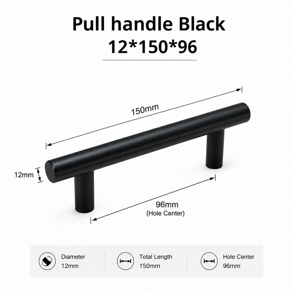 2-Piece 150mm Black T-Bar Cabinet Pull Handle Set – 96mm Centres