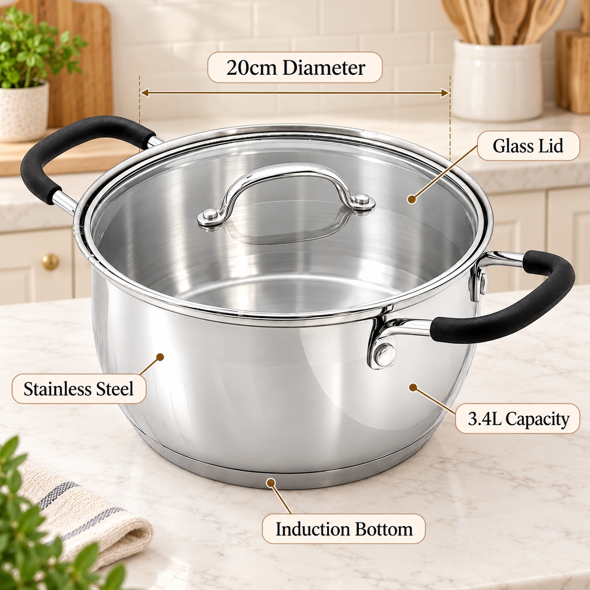 Stainless Steel Saucepot with Glass Lid – 20cm / 3.4L