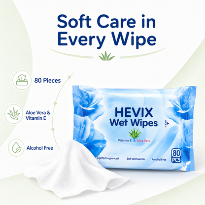 80 Soft Wet Wipes with Aloe Vera & Vitamin E | Alcohol-Free Lightly Fragranced Wipes