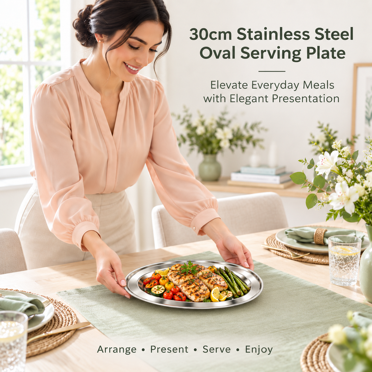 Stainless Steel Oval Serving Platter – 30cm Lightweight Plate