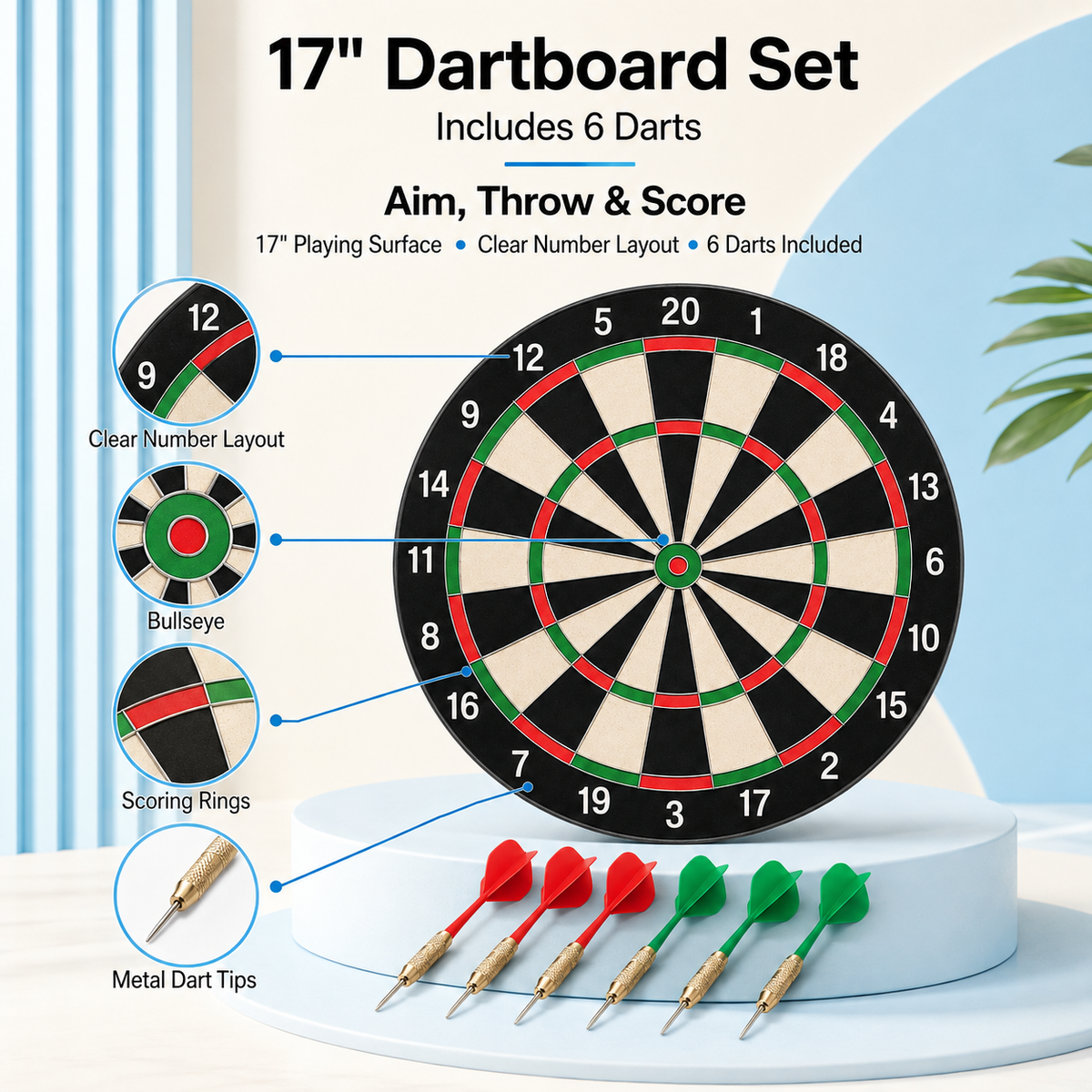 17-Inch Dartboard Set with 6 Darts