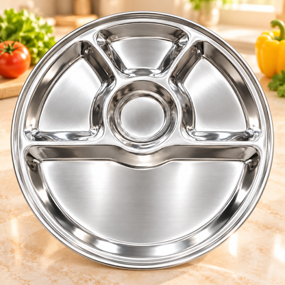 Stainless Steel 5 Compartment Thali Plate – 32.5cm Round Divided Dinner Tray