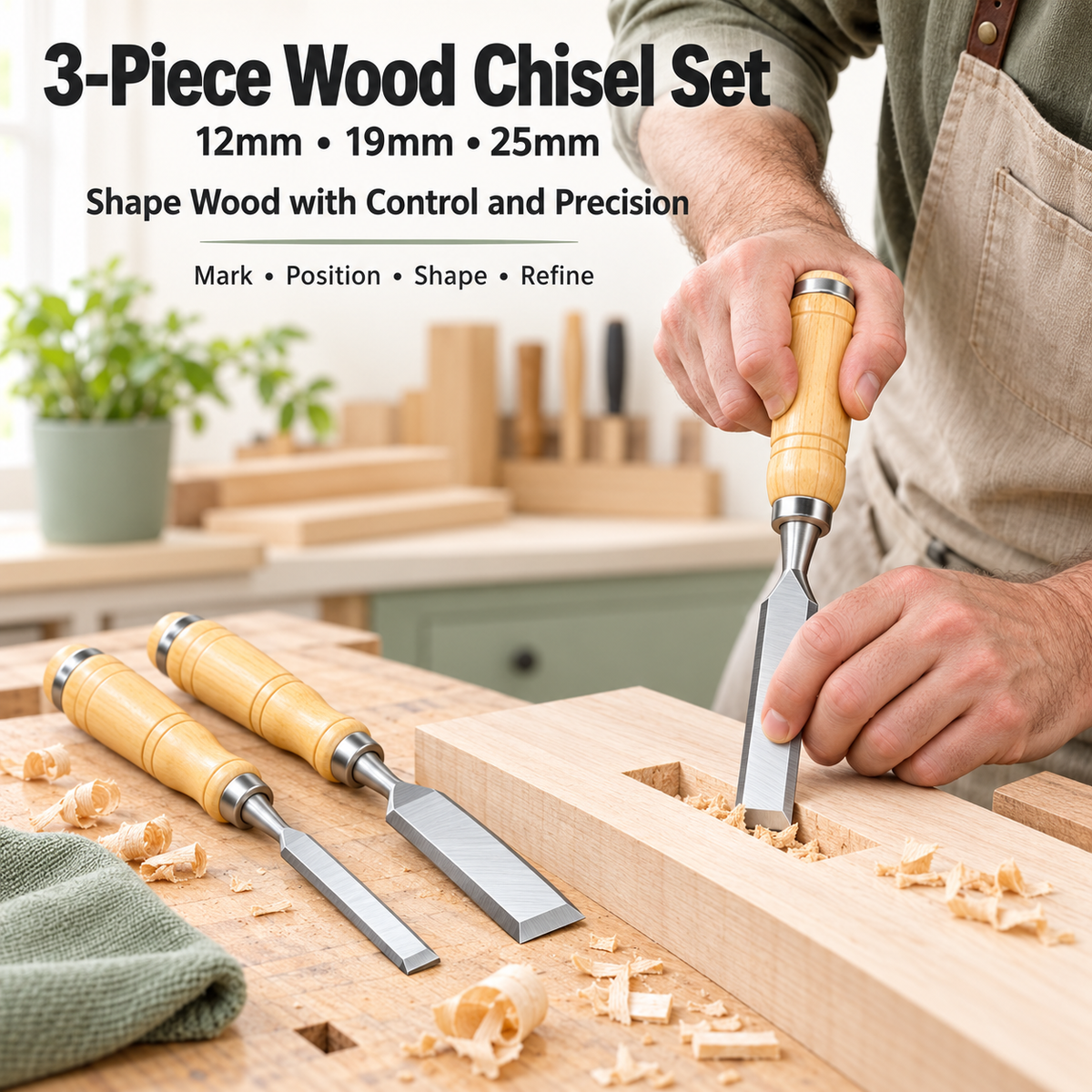 3Pc Wood Chisel Set Wooden Handle 12/19/25mm