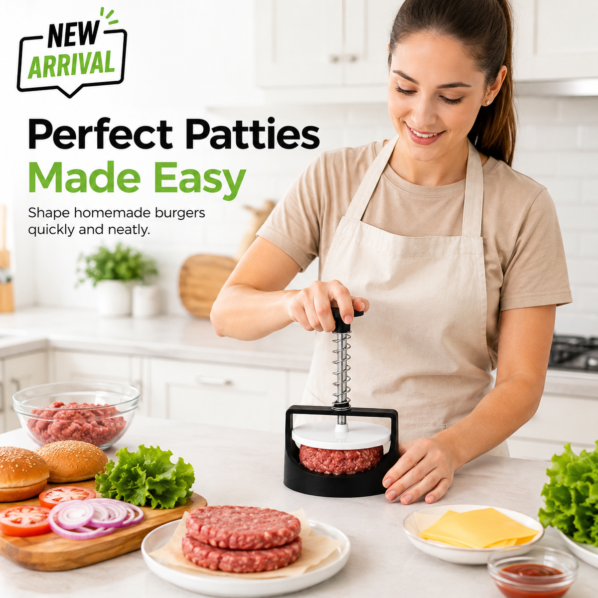 Manual Hamburger Press with Spring-Loaded Handle – Round Burger Patty Maker for Home Kitchen & BBQ