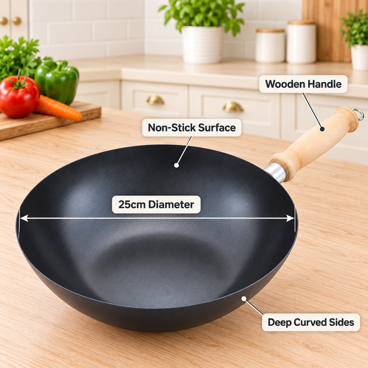 Non-Stick Wok with Wooden Handle – 25cm