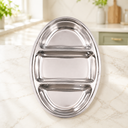 Stainless Steel Oval Serving Tray – 3 Compartments 50cm