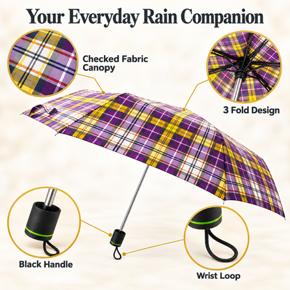 3 Fold Checked Mini Umbrella – Red Navy Purple Yellow Black Grey