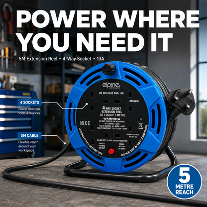 5M 4-Way Extension Cable Reel 13A with 4 UK Plug Sockets