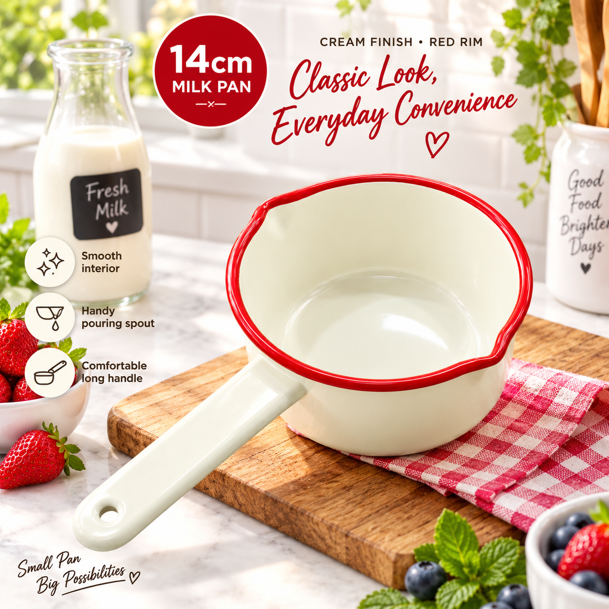 Enamel Milk Pan – 14cm Cream with Red Rim