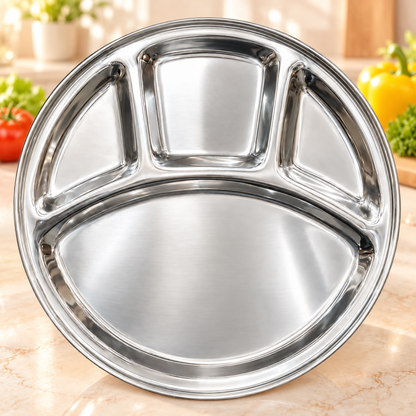 Stainless Steel 4 Compartment Thali Plate – 35cm Round Divided Dinner Tray