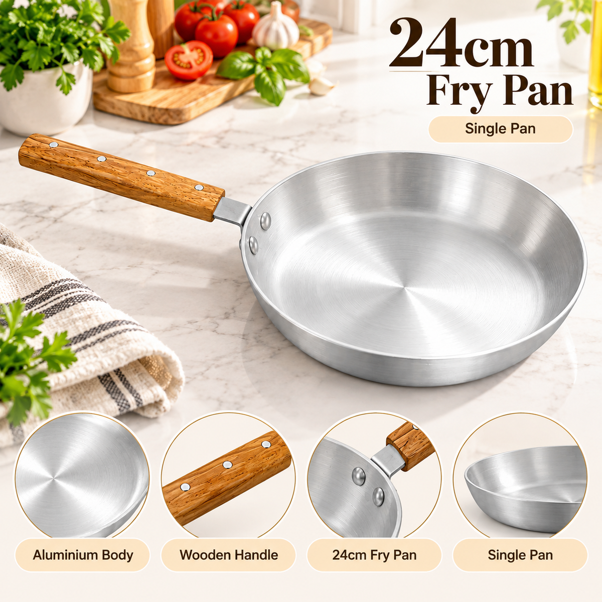 24cm Aluminium Frying Pan with Wooden Handle – Single Pack