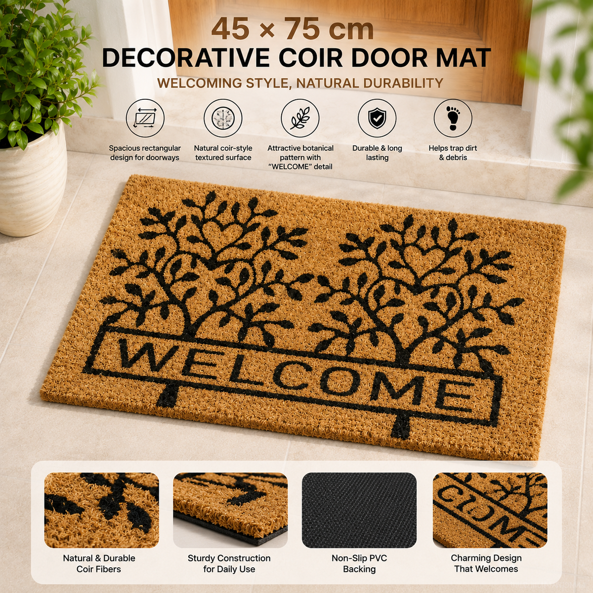 Welcome Coir Door Mat 45x75cm
