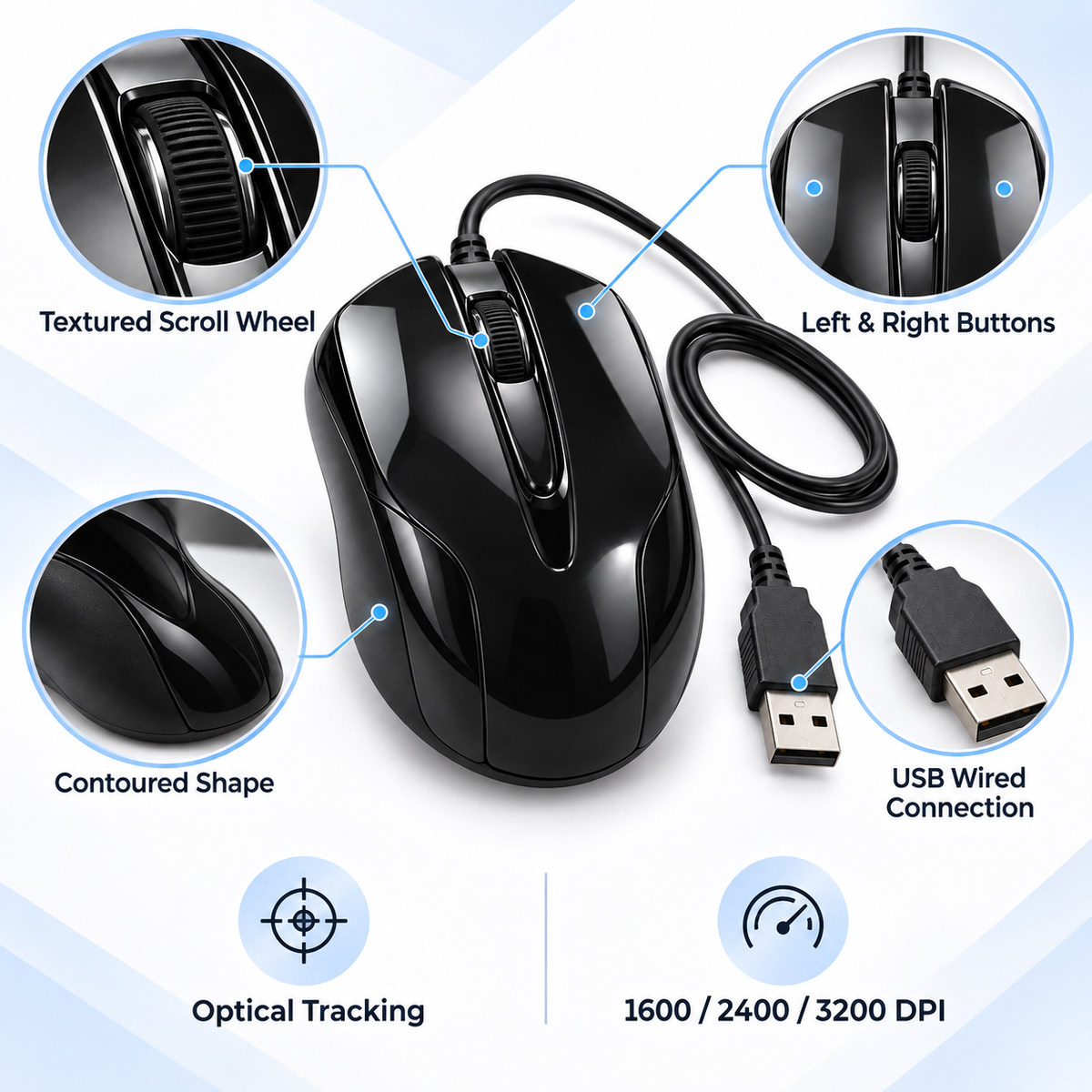 Black USB Wired Optical Computer Mouse – Adjustable 1600/2400/3200 DPI with Scroll Wheel