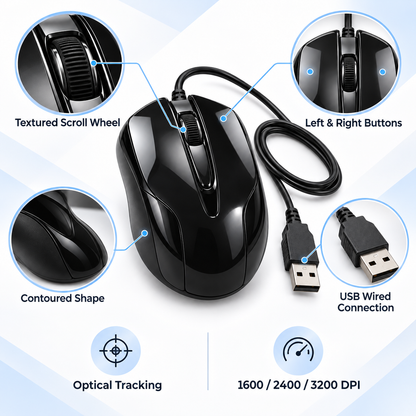 Black USB Wired Optical Computer Mouse – Adjustable 1600/2400/3200 DPI with Scroll Wheel
