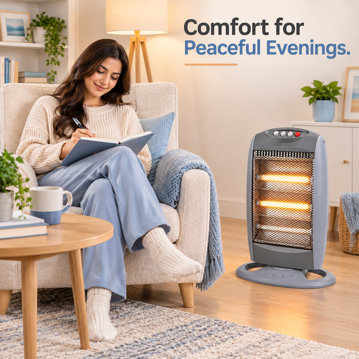 Single 1200W 3-Tube Oscillating Halogen Heater – Light Grey/ Standard