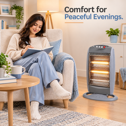 Single 1200W 3-Tube Oscillating Halogen Heater – Light Grey/ Standard
