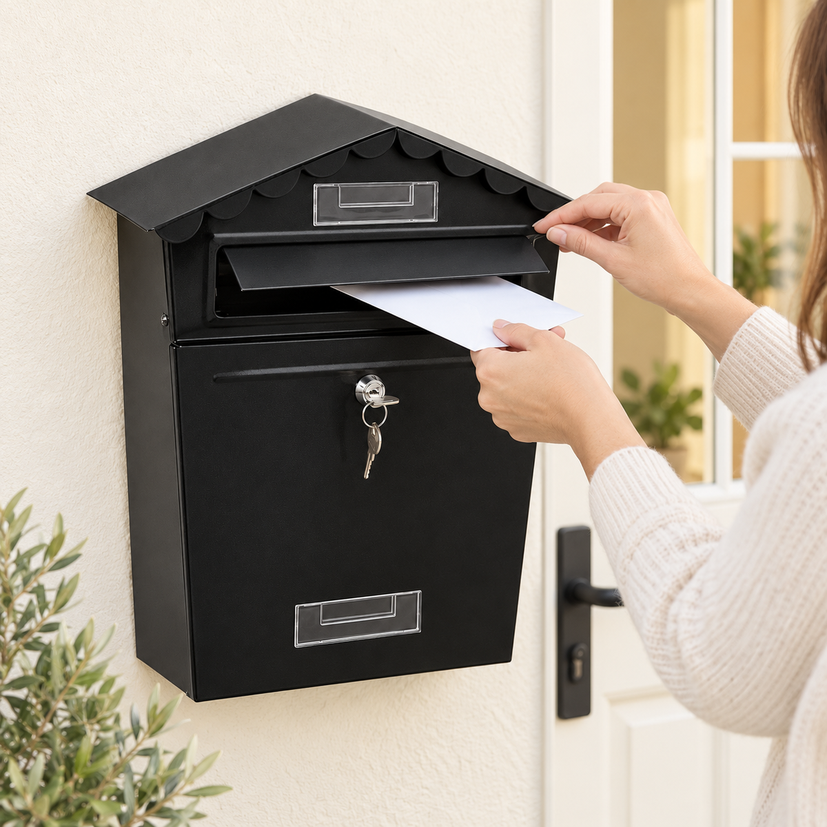 Large Black Steel Post Box with Lock – 34cm