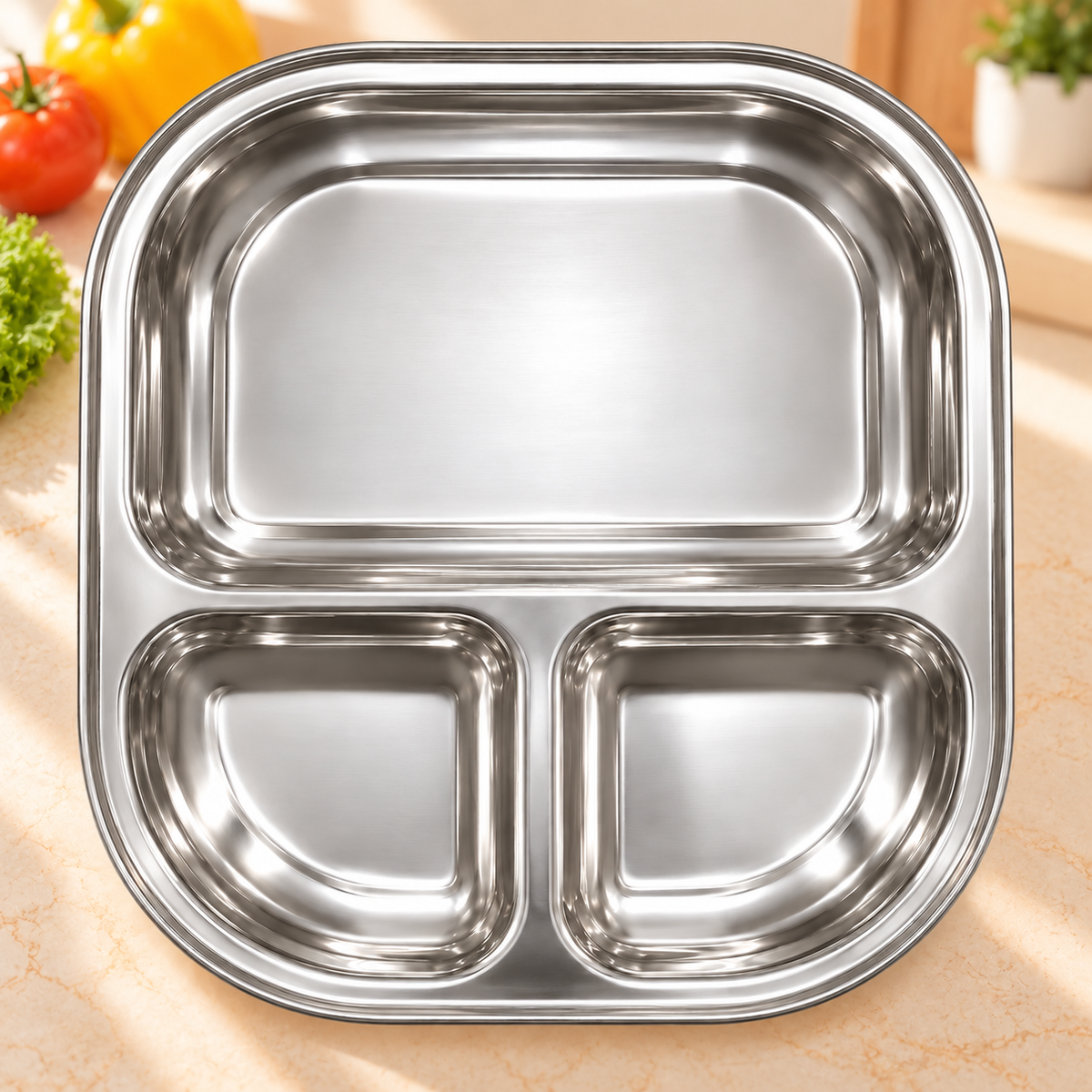 Stainless Steel 3 Compartment Tray – 29.5x26cm Divided Serving Plate