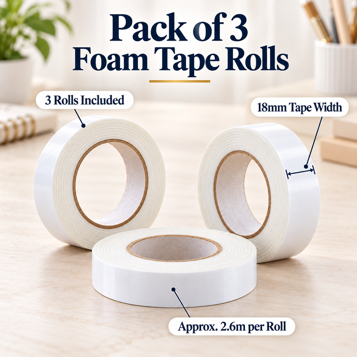 Double Sided Foam Tape 18mm Pack of 3