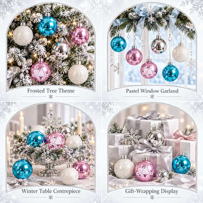 Pastel Christmas Ball Ornaments Box Set – Pink, Blue & White Glitter Baubles