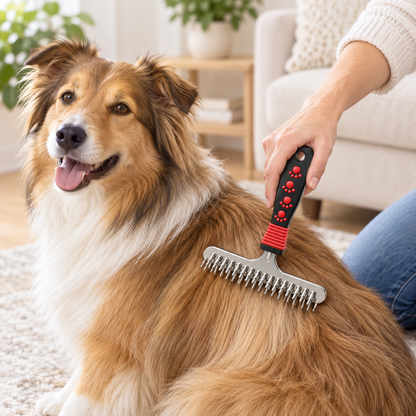 Wide Pet Grooming Rake with Black and Red Textured Handle