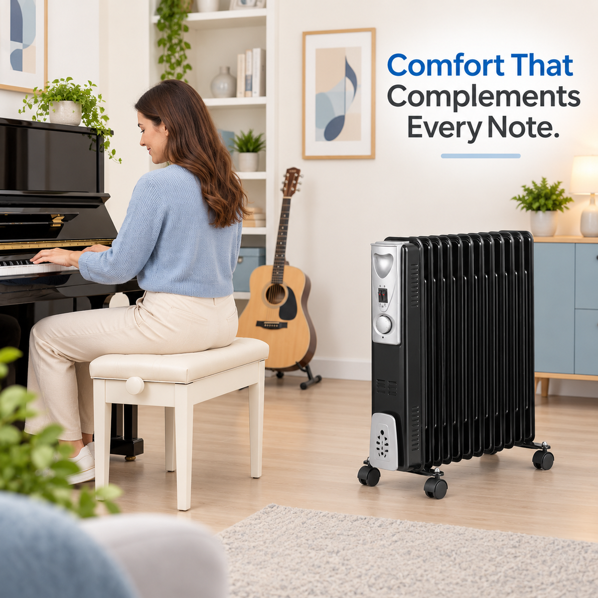 Single 2500W 11-Fin Oil-Filled Radiator Heater – Black