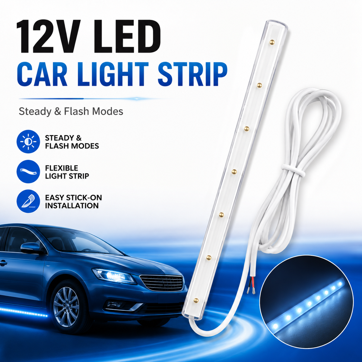40cm 12V LED Car Light Strip – Steady & Flash Flexible Lighting