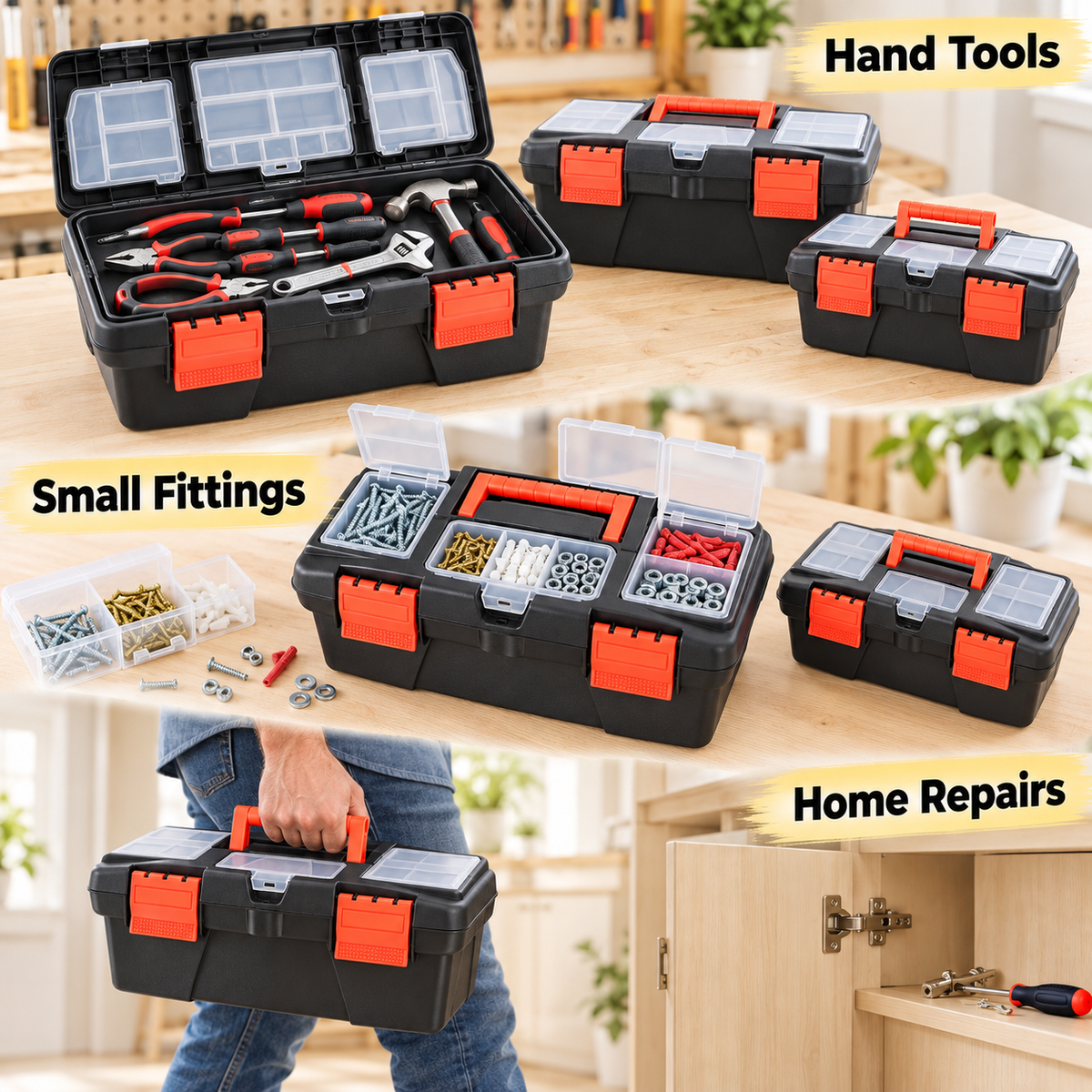 3-Piece Plastic Tool Box Set – Small, Medium & Large