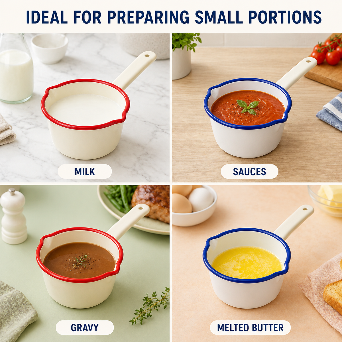 14cm Enamel Milk Pan – Cream/Red or White/Blue