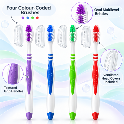 Toothbrush Set with Travel Head Covers – 4 Pack, Colorful Family Set
